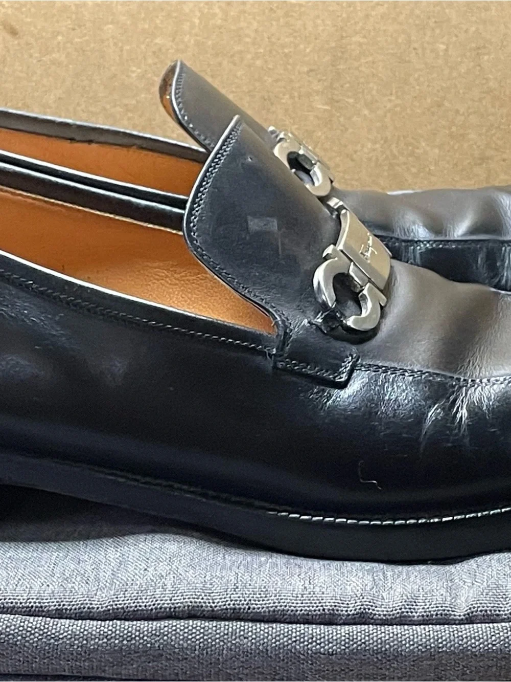 Salvatore Ferragamo Black Leather Gancini Bit Slip-On Loafers